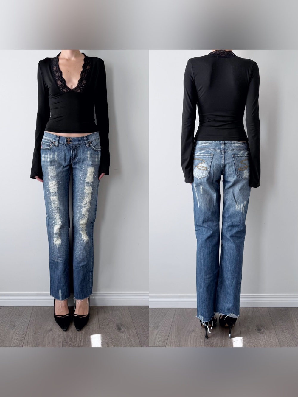 Vintage y2k seven distressed rhinestone bootcut jeans